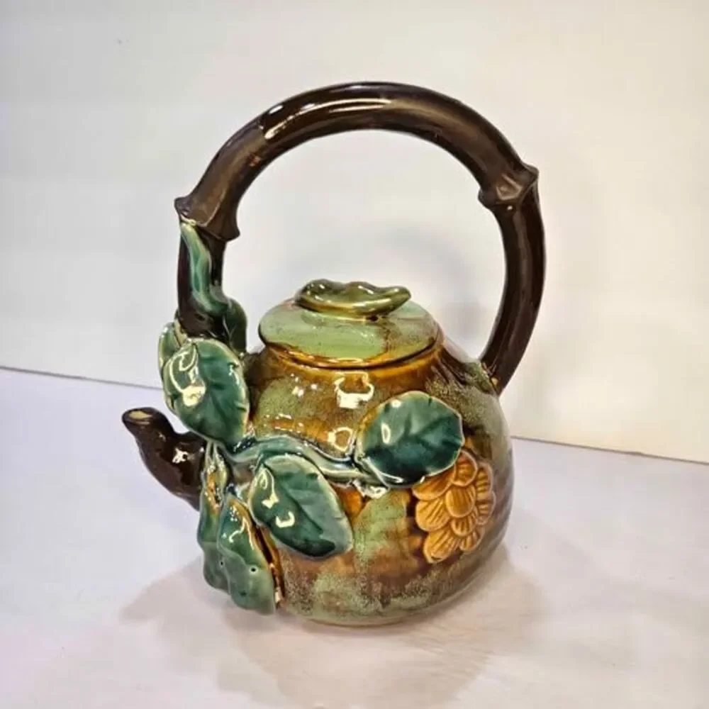 Earthtone Drip Glaze Majolica Art Pottery Teapot W/Leaves & Fruit Vines Decor